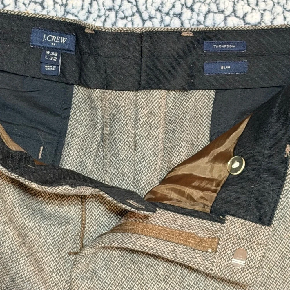 J.Crew Thompson Dress Pants Mens 38x32 Brown Wool Herringbone Slim Minimalist